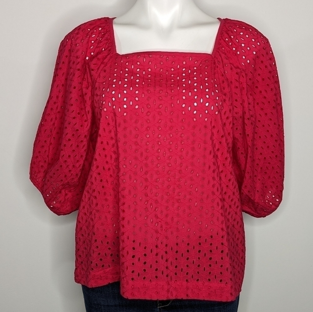 NY&Co pink eyelet lace tie back square neck top M